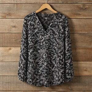 GAP XXL Long Sleeve Paisley Print Sheer Polyester Button V Neck Blouse